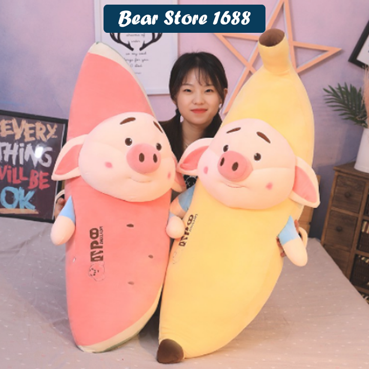 Gối Ôm Gấu Bông Thú Nhồi Bông Chuối Dưa Hấu Mặt Heo TikTok Vải Dãn 4 Chiều Ngộ Nghĩnh Đáng Yêu Dễ Thương