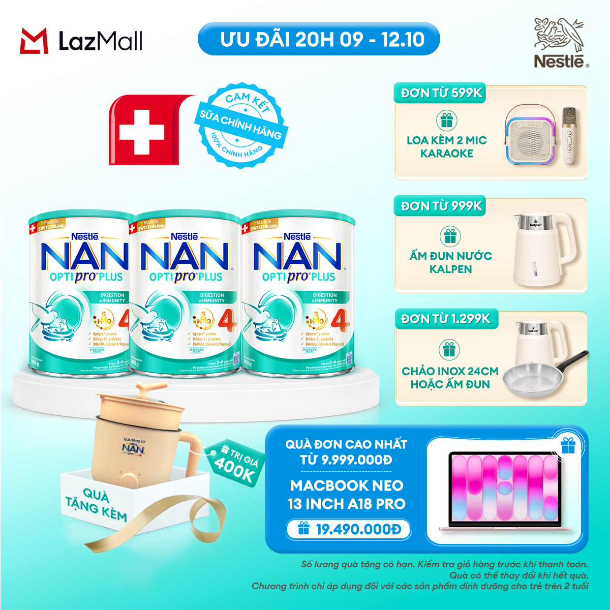 [CHỈ 20h 9-12.10 QT ĐƠN 599K/999K/1299K] [Tặng nồi đa năng Gaabor] Combo 3 lon Sữa bột Nestlé NAN OPTIPRO PLUS 4 800g/lon với 5HMO Giúp tiêu hóa tốt + Tăng cường đề kháng
