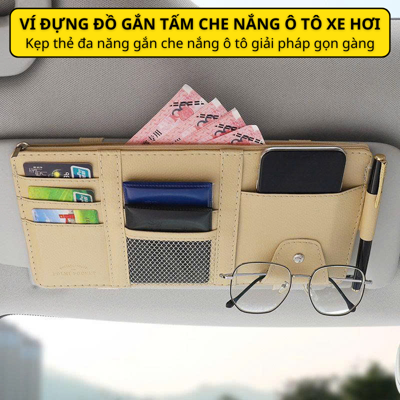 Leather Wallet Bag with Car Sunshade, Leather Car Storage Bag with Mesh Compartment, Pen Hook, Carrying Case Giá 46,000 Đồng*Miễn phí vận chuyển