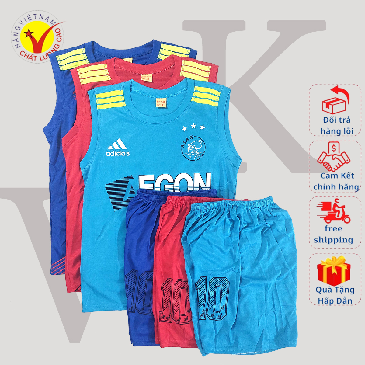 [Set 3] Bộ quần áo bóng đá sát nách cho bé trai và bé gái, Bộ quần áo câu lạc bộ ngắn tay in logo, Bộ đồ thể thao mùa hè chất liệu thun lạnh, Phù hợp cho bé từ 6 -52kg