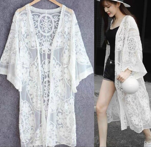 Áo choàng kimono dáng dài ren hoa tròn đi biển