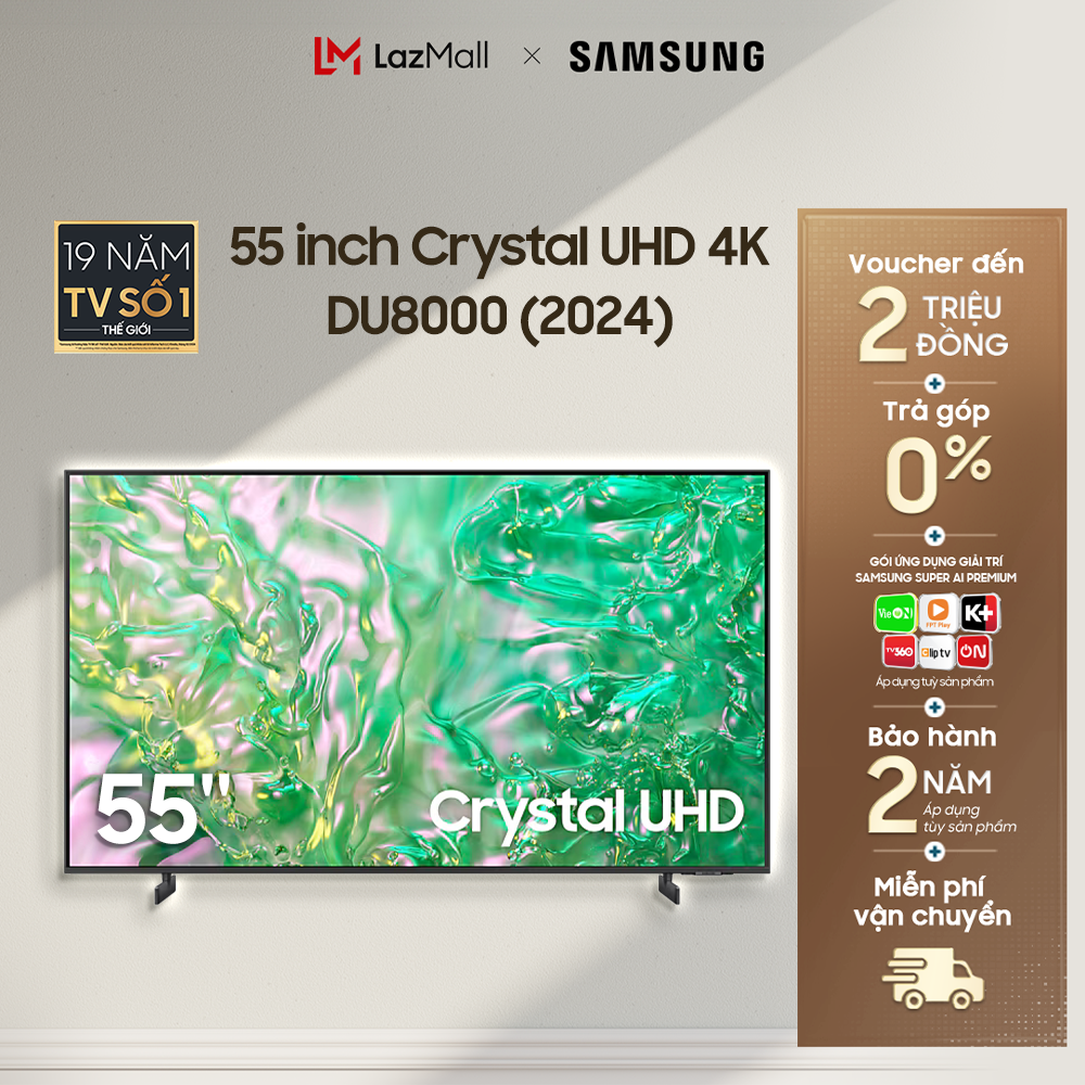 Smart Tivi Samsung 4K Crystal UHD DU8000 UA55DU8000KXXV(2024)- 55 inch- Hàng Chính Hãng - Phân Phối Bởi Lazada - MIỄN PHÍ VẬN CHUYỂN TOÀN QUỐC