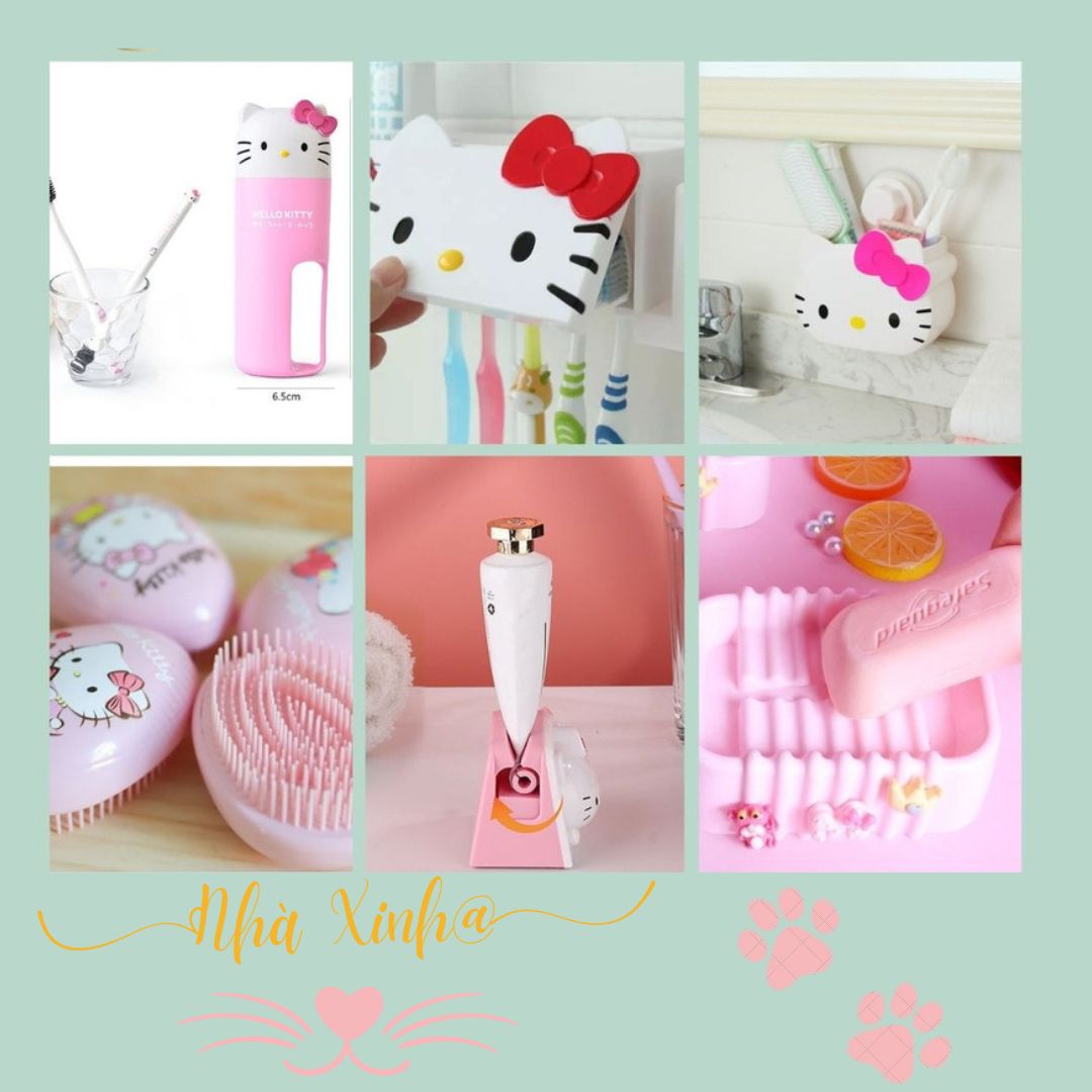 Đồ dùng nhà tắm Hello kitty cho bé gái bàn chải, nặn nhả kem, đánh răng, kệ đựng xà phòng màu hồng xinh xắn