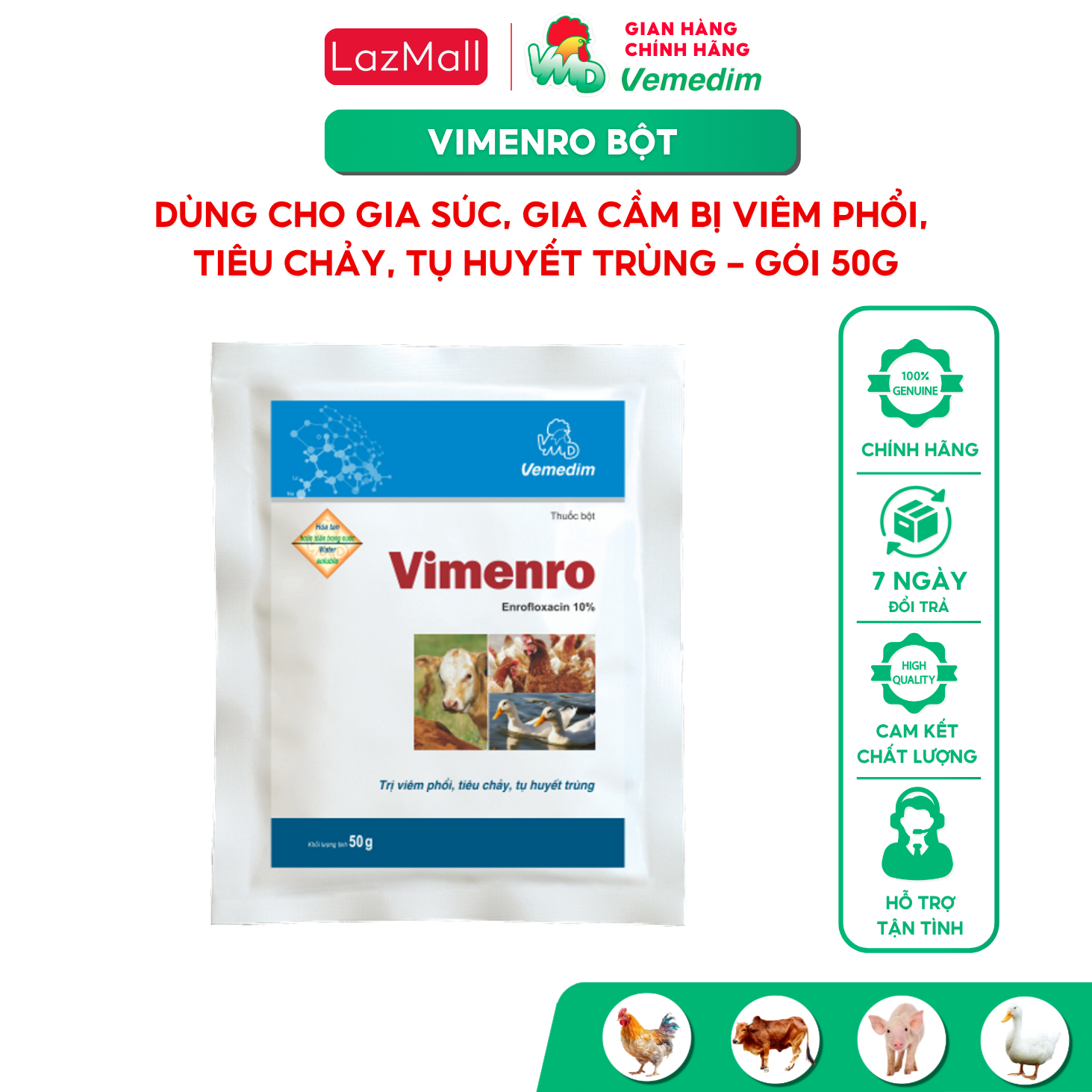 Vemedim Vimenro bột, dùng cho gia súc, gia cầm bị viêm phổi, tiêu chảy, tụ huyết trùng, gói 50g