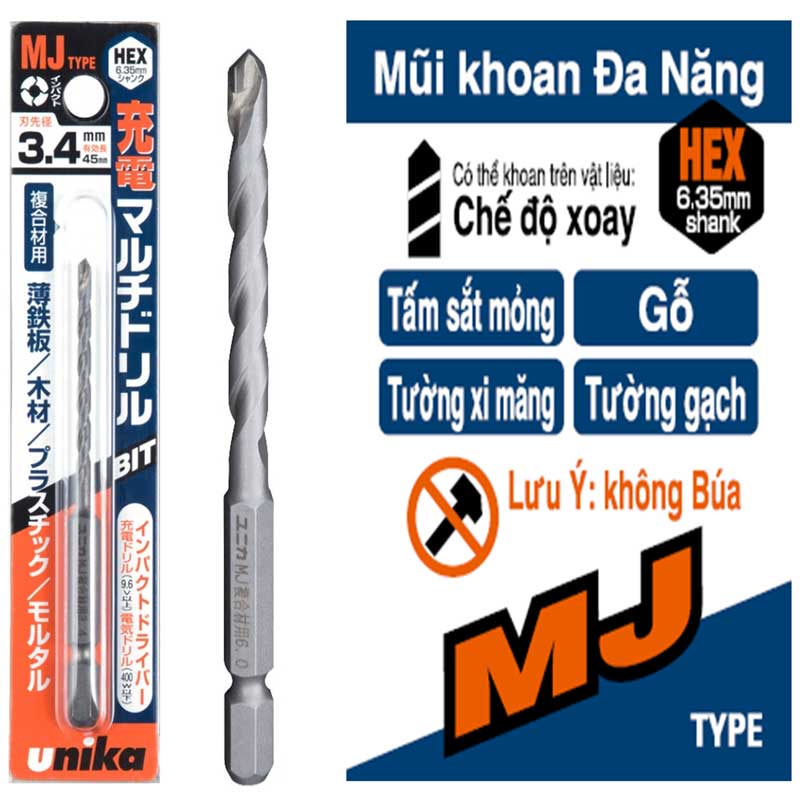Mũi khoan đa năng chuôi lục giác Unika MJ đường kính từ 3.0mm tới 10.5mm