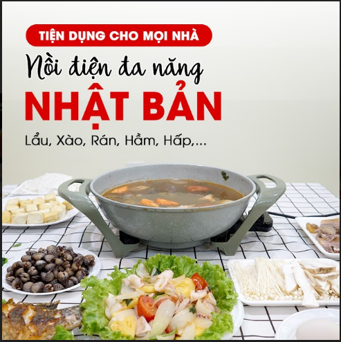 Nồi điện saiki đa năng, nồi xào nấu lẩu hấp, nồi lẩu điện tặng xửng hấp inox