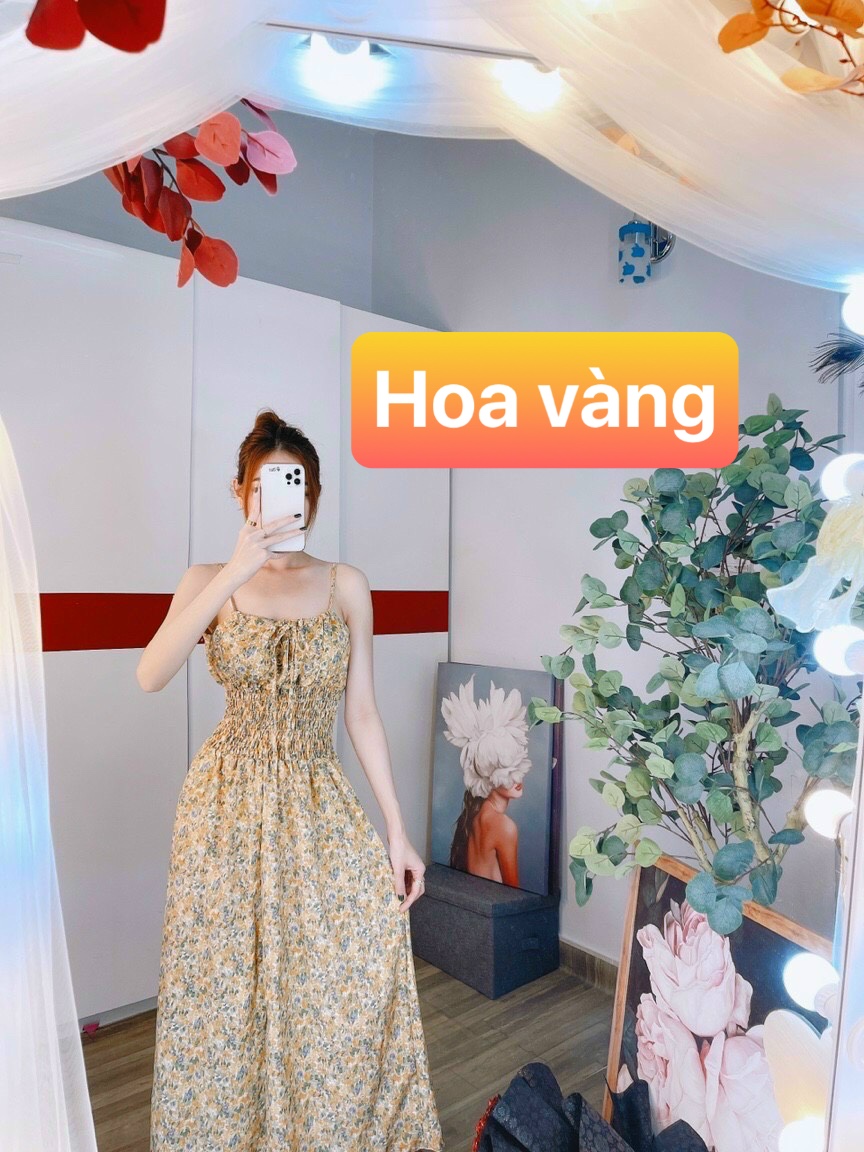 Đầm maxi hai dây cột nơ bo eo hoa nhí siêu dễ thương - hình thật