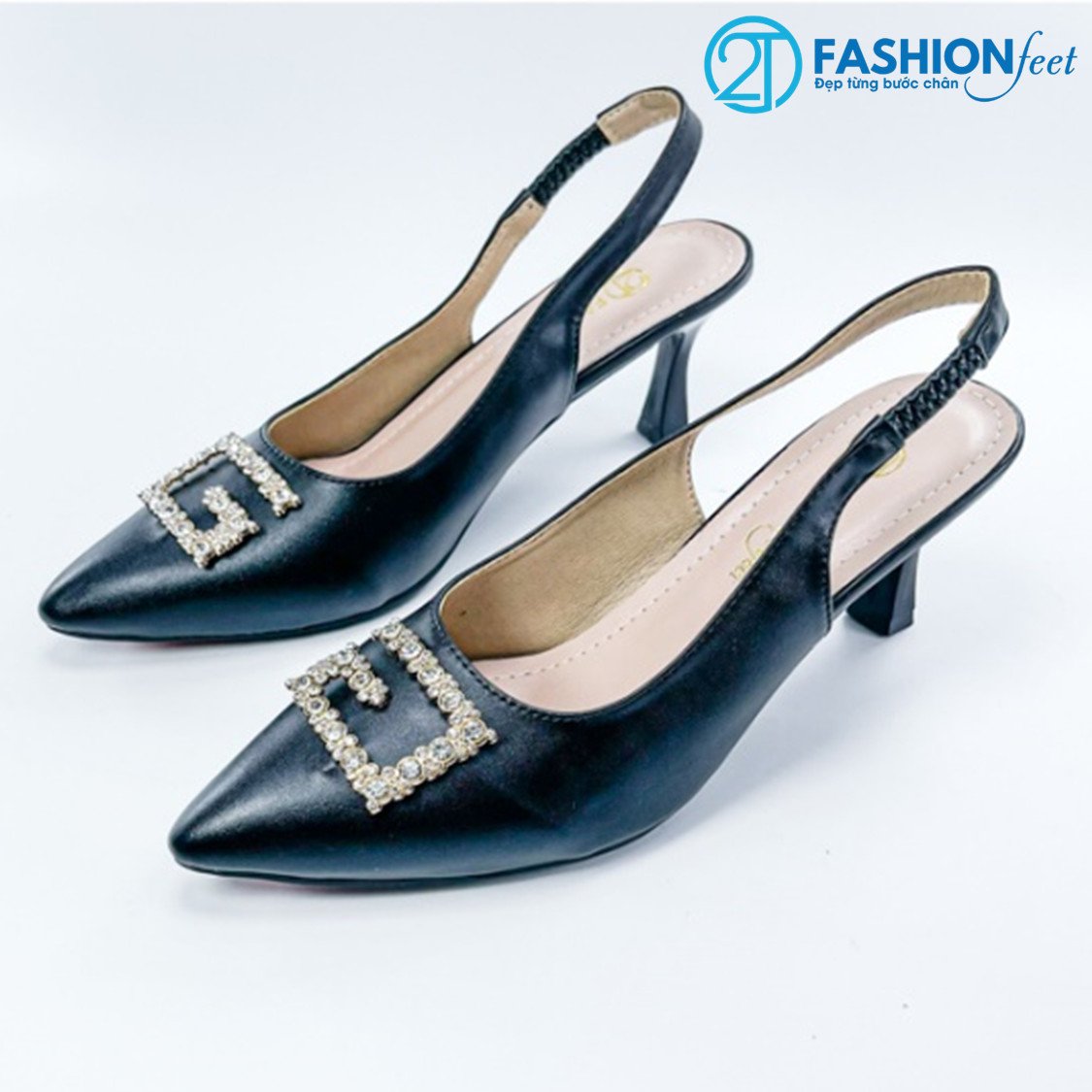 Giày sục cao gót slingback, chính hãng 2tfashion feet, họa tiết tag đá sang trọng, gót 7 phân, hms00016