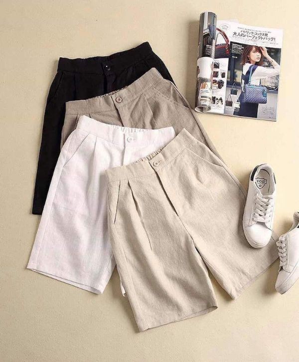 Quần sooc đũi nữ kéo khoá cạp cúc phối lưng thun hai túi size S M L XL - Women Short