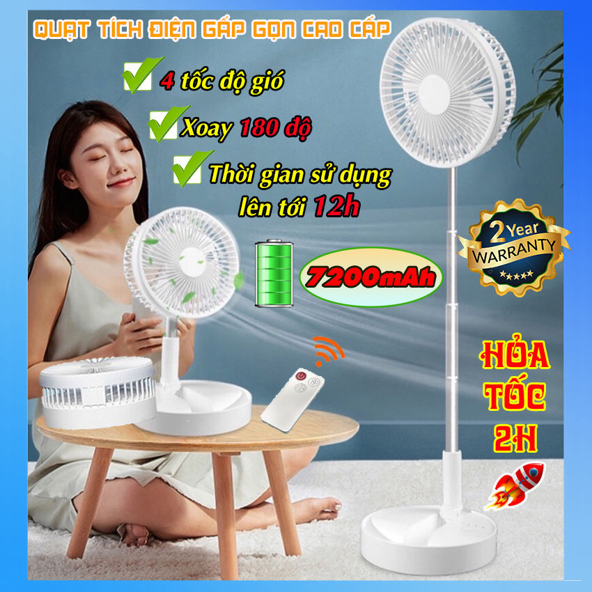 Quạt tích điện gấp gọn thông minh để bàn- Quạt điện mini cầm tay pin trâu đa năng-Pin 7200mAh,sử dụng lên tới 12h,4 tốc độ gió