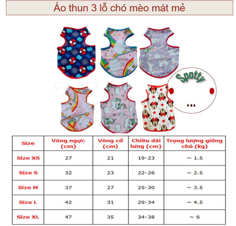 Áo thun 3 lỗ cho chó mèo chất liệu vải mỏng mát mẻ