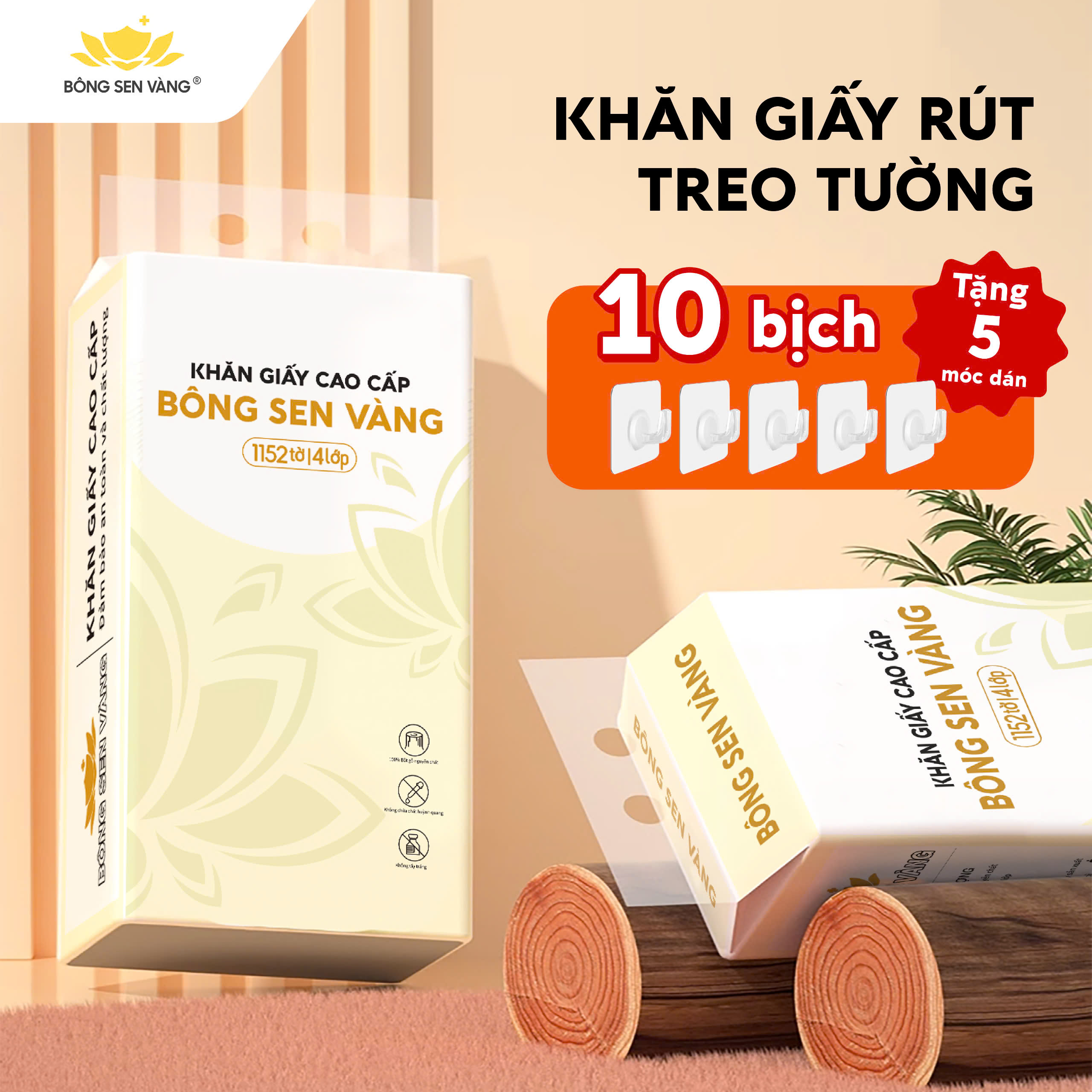 Thùng 10 bịch Khăn Giấy Rút Treo Tường Bông Sen Vàng 1152 Tờ - Tặng Kèm 5 Móc Treo Tường