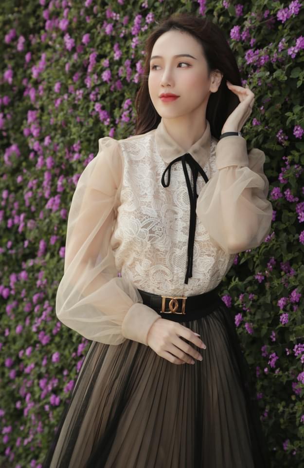 Áo sơ mi tay bồng phối ren thắt nơ dáng tiểu thư công sở xinh
