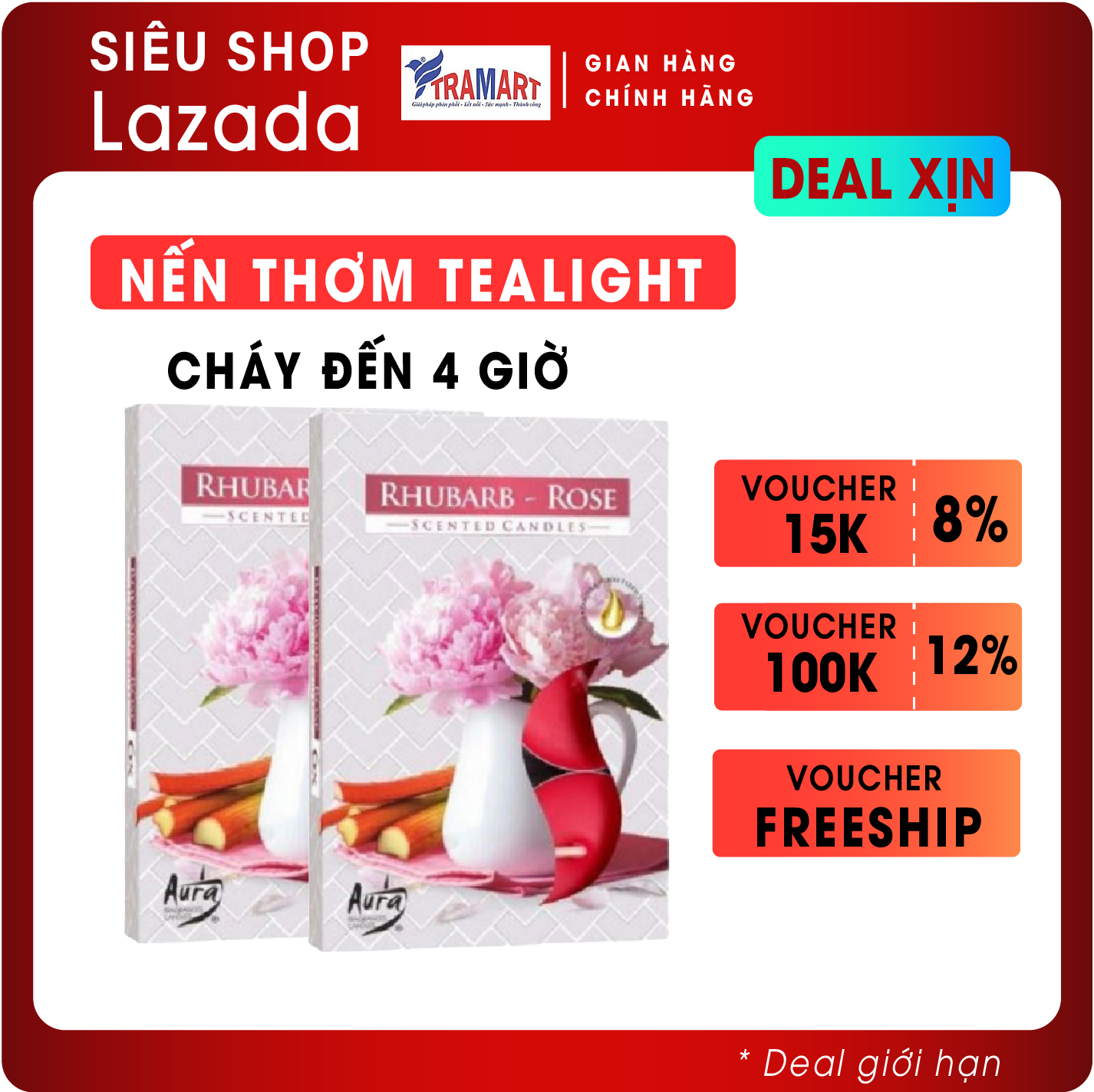 Bộ 2 hộp 12 nến tealight thơm Rhubarb Rose Bartek Candles FtraMart BIS1984