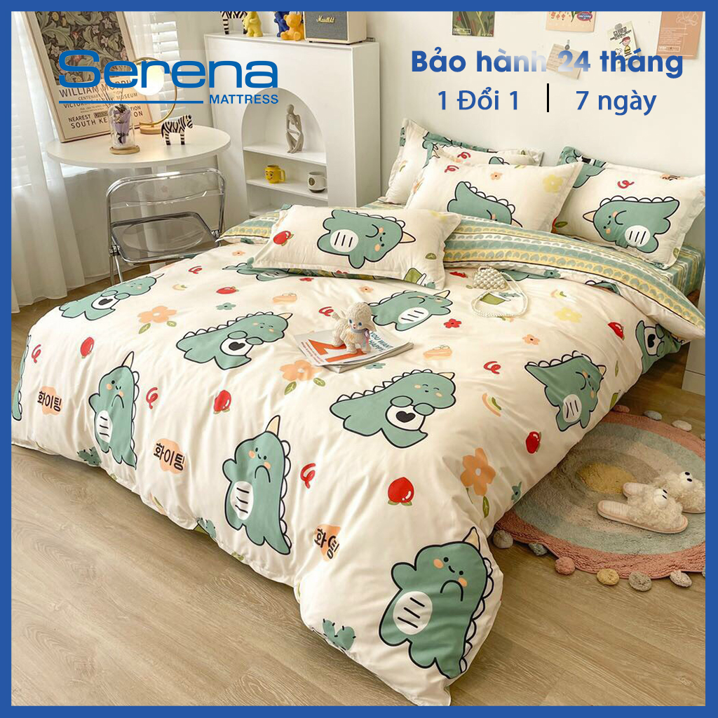 Bộ chăn ga gối nệm 5 món cotton poly SERENA chính hãng set combo chăn ra ga grap drap cho bé kèm gối nệm đệm trải bọc phủ giường người lớn 5 món mát lạnh cotton poly trần bông dễ thương cao cấp full - hệ thống nệm