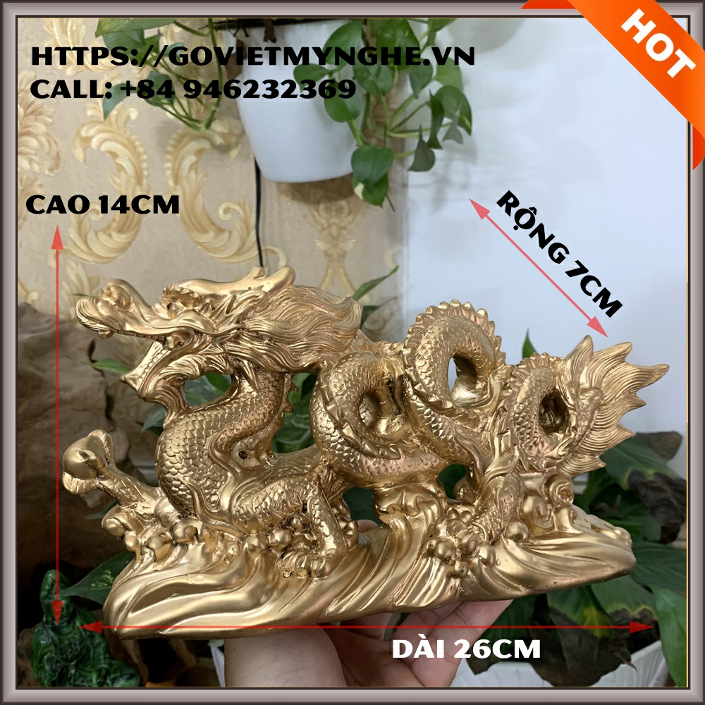 Tượng đá Rồng phong thủy trang trí bàn làm việc mang may mắn cát tường | Dài 26cm - Màu nhũ đồng