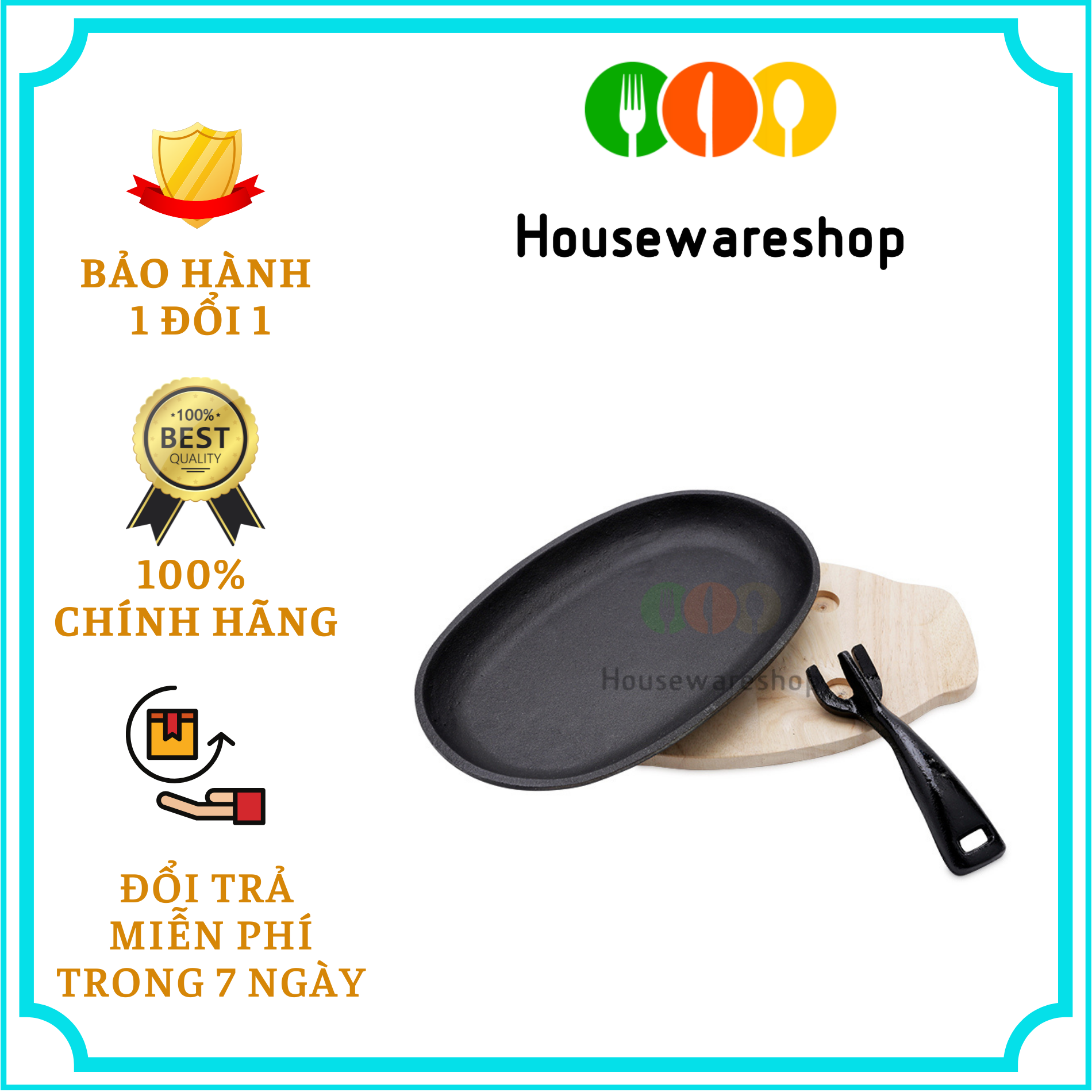 Chảo gang hình oval chống dính kèm đế gỗ đa năng Dragon