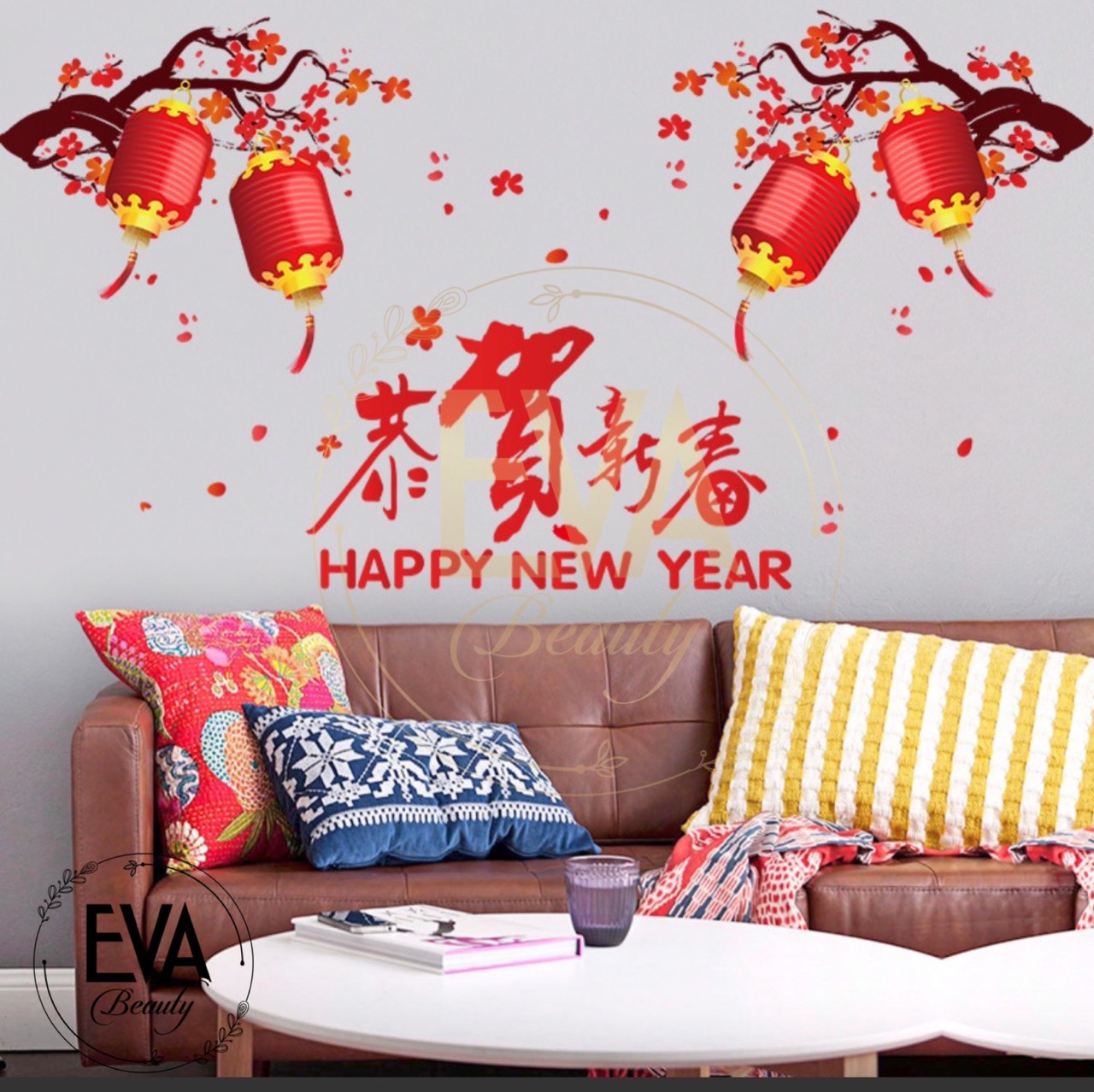 Decal dán tường dán kính trang trí tết họa tiết đèn lồng và hoa đào đỏ đón tết sk9103 m3292