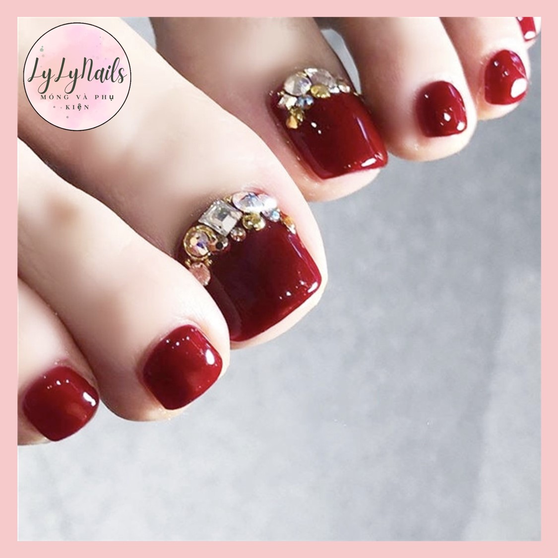 Set 24 móng chân giả đính đá,móng chân giả thời trang kèm keo J17 đỏ đá