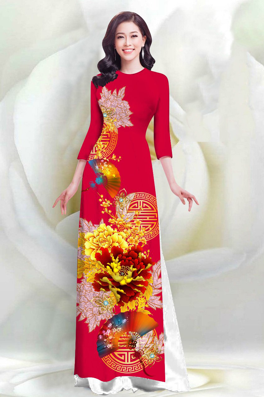 Sét áo dài lụa truyền thống in hoa & quạt