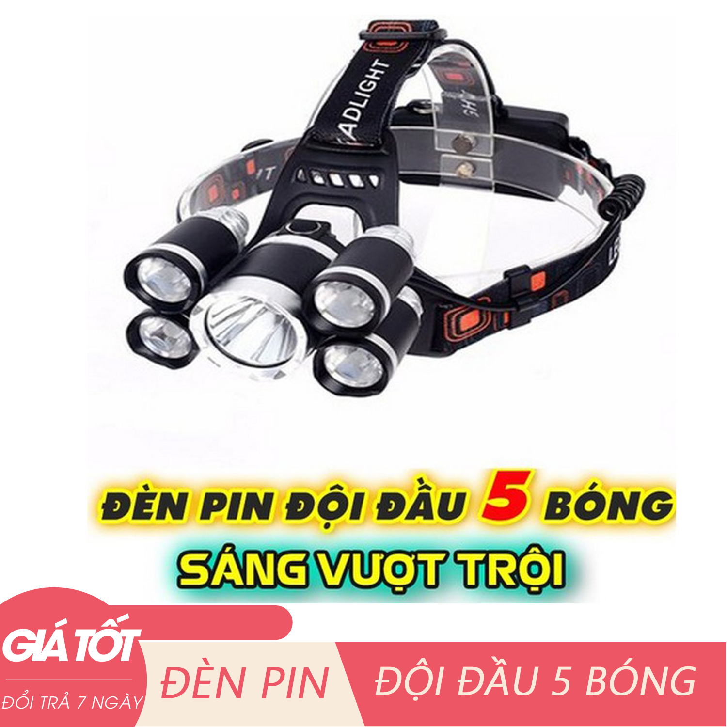Đèn pin đội đầu siêu sáng, Đèn pin đội đầu 5 bóng, đèn pin siêu sáng, đèn pin đội đầu, sạc điện, 5 bóng nhiều chế độ, thu ánh sáng gần xa, bao gồm 2 pin sạc và cục sạc - Hỗ trợ đổi trả 7 ngày