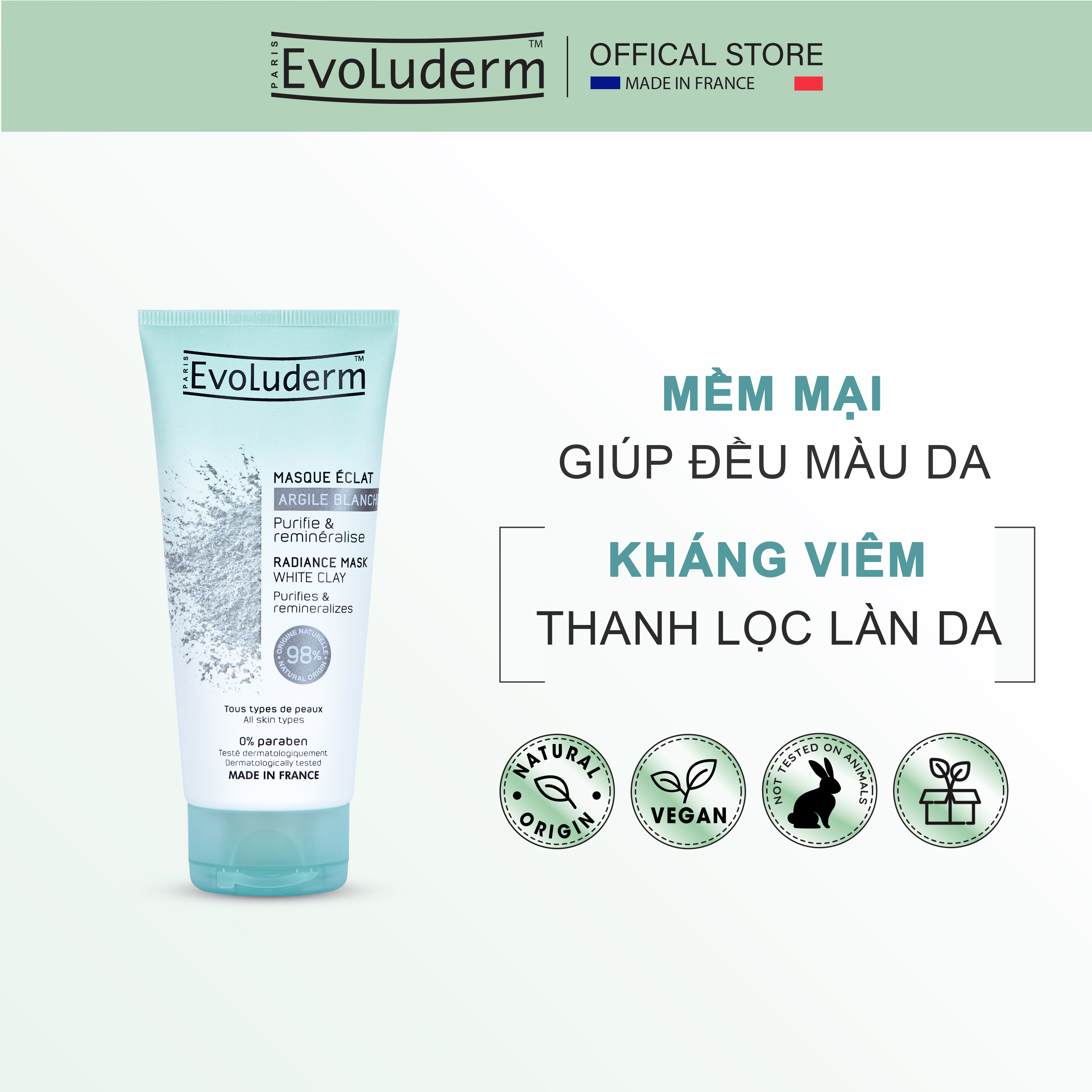 Mặt nạ làm sáng da Evoluderm tinh chất đất sét trắng – 98% Thành phần tự nhiên 100ml