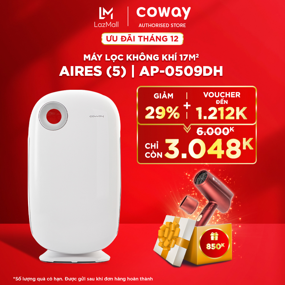 | Voucher đến 1212k | Freeship | Máy lọc không khí Coway Aires AP-0509DH | Lọc bụi mịn không khí, khử mùi khói thuốc, khử khuẩn, tiết kiệm điện, không ồn | Diện Tích 17m2