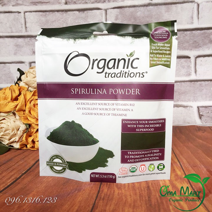 Bột tảo spirulina hữu cơ Organic Traditions 150g