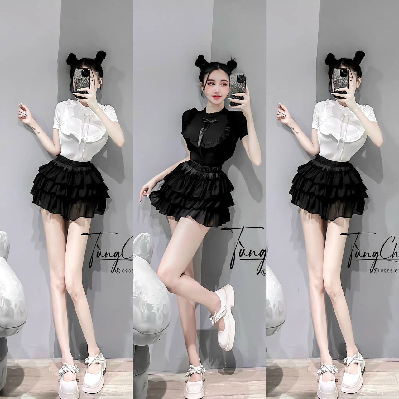 Sét bộ áo bèo + chân váy ngắn