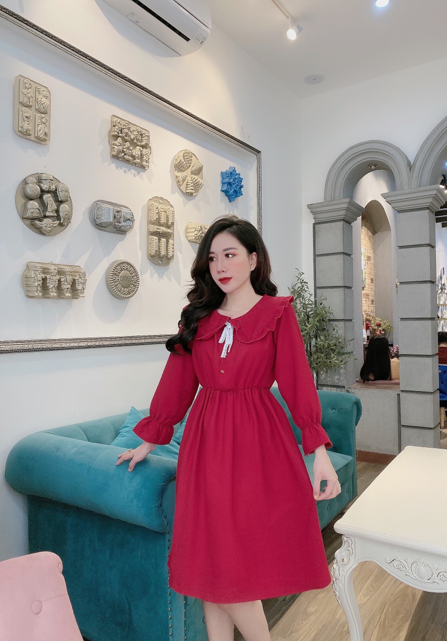 [Yến Trần] Đầm - Váy Xòe Baybedoll Cổ Sen, Thắt Eo, Chất Nhung Tăm Chuẩn Đủ 3 Màu, Hàng Bán Shop