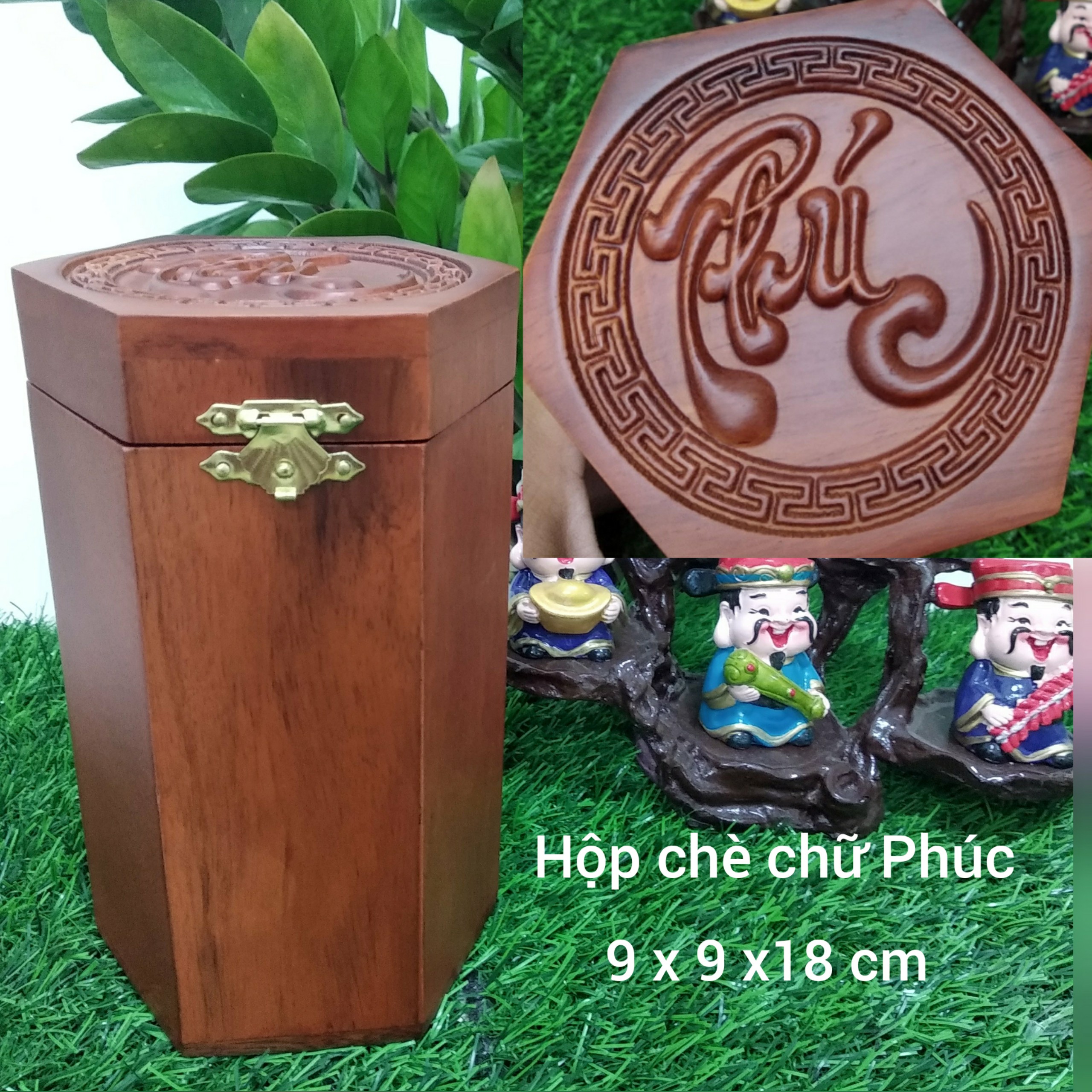 Hộp đựng chè gỗ hương cao cấp khắc chữ phúc 9 x 9 x 18 cm
