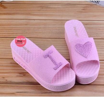 Dép quai ngang đế cao 5cm I Love You màu hồng rất dễ thương size từ 36 đến 40