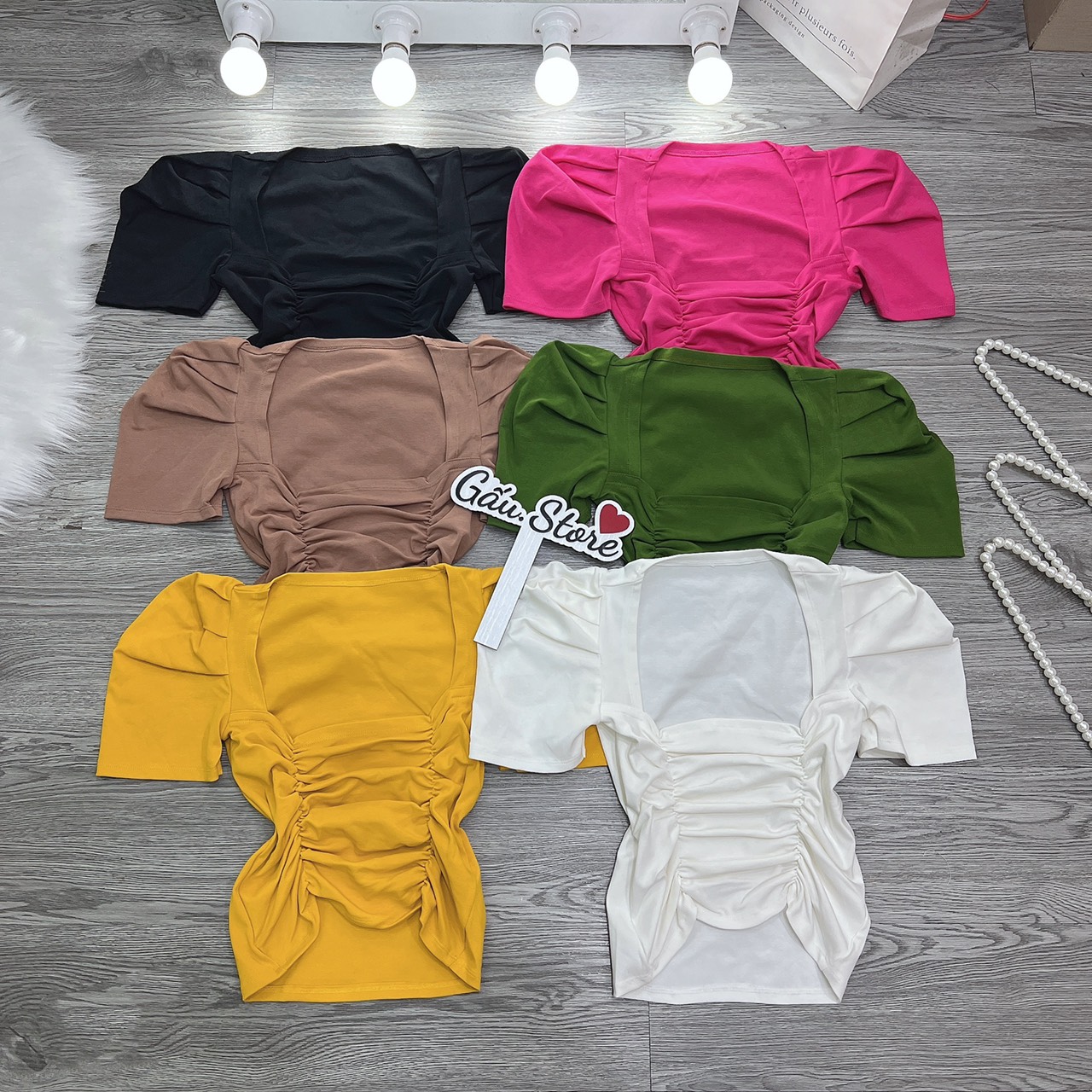 Áo thun ôm body dáng ngắn Cổ Vuông Tay Ngắn Nhún