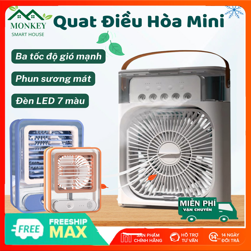 Quạt điều hoà hơi nước mini, quạt để bàn 3 chế độ gió dung tích 600ml tích hợp đèn led, quạt mini, cắm trực tiếp sạc usb