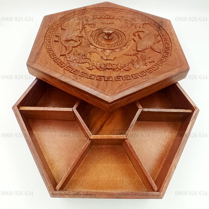 Hộp đựng bánh kẹo ngày Tết bằng gỗ Hương cao cấp - Khay đựng mứt Tết lục giác bằng gỗ hình Cá Chép độc đáo