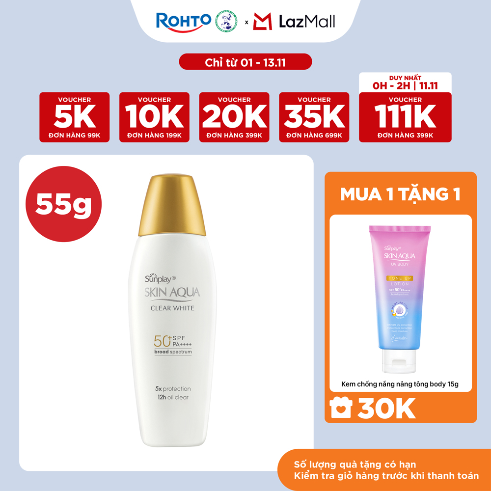 Kem chống nắng Skin Aqua dưỡng trắng, kiểm dầu, dùng hàng ngày dạng sữa Sunplay Skin Aqua Clear Whit