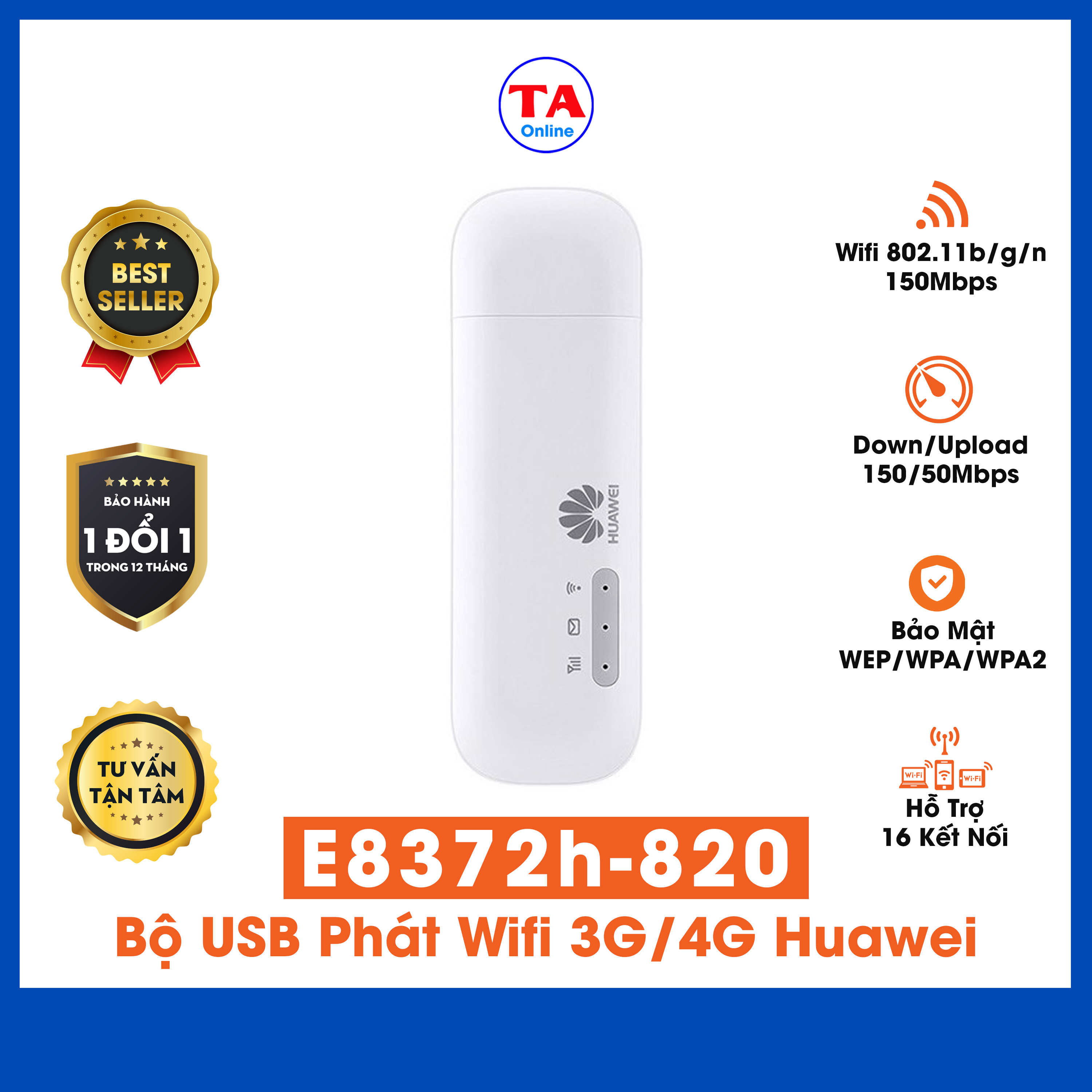 Bộ usb phát wifi 3g/4g huawei e8372h model 2021 tốc độ 150mbps hỗ trợ 16 user