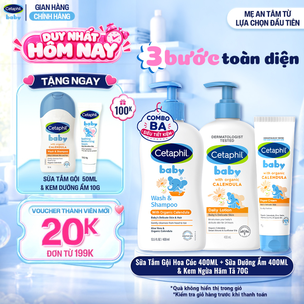 Bộ Sữa tắm gội 400ML + Sữa dưỡng ẩm 400ML + Kem chống hăm tã 70G CETAPHIL BABY WITH ORGANIC CALENDULA