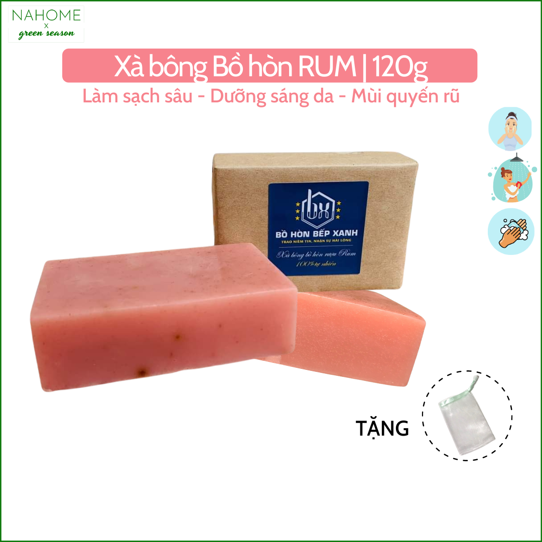 Xà bông bồ hòn khử mùi, se khít lỗ chân lông, dưỡng da trắng mịn màng, mùi dây tây cực quyến rũ, đặt biệt dùng hiệu quả cho da mặt - Xà phòng bồ hòn bếp xanh thiên nhiên loại Rum, dạng bánh 120gr Nahome