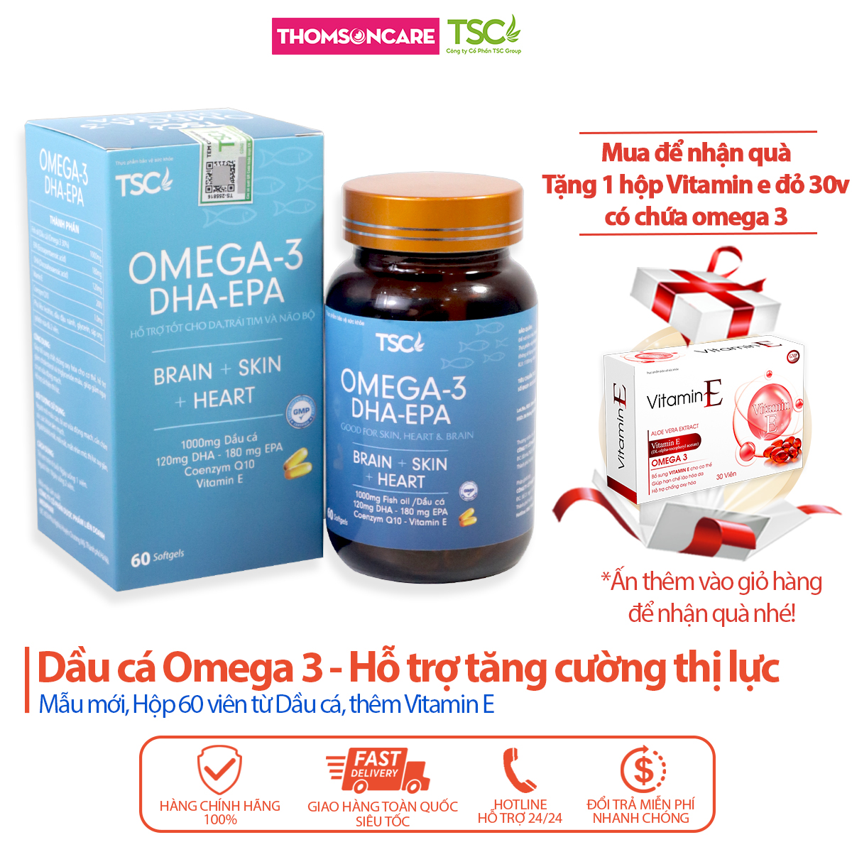 Dầu cá Omega 3 DHA EPA TSC, có thêm vitamin e và coenzym q10, giúp bổ mắt và tim mạch - Hộp 60 viên Thomsoncare tăng cường thị lực