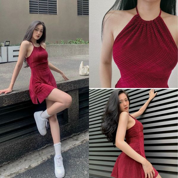Đầm nhung cổ yếm cột dây