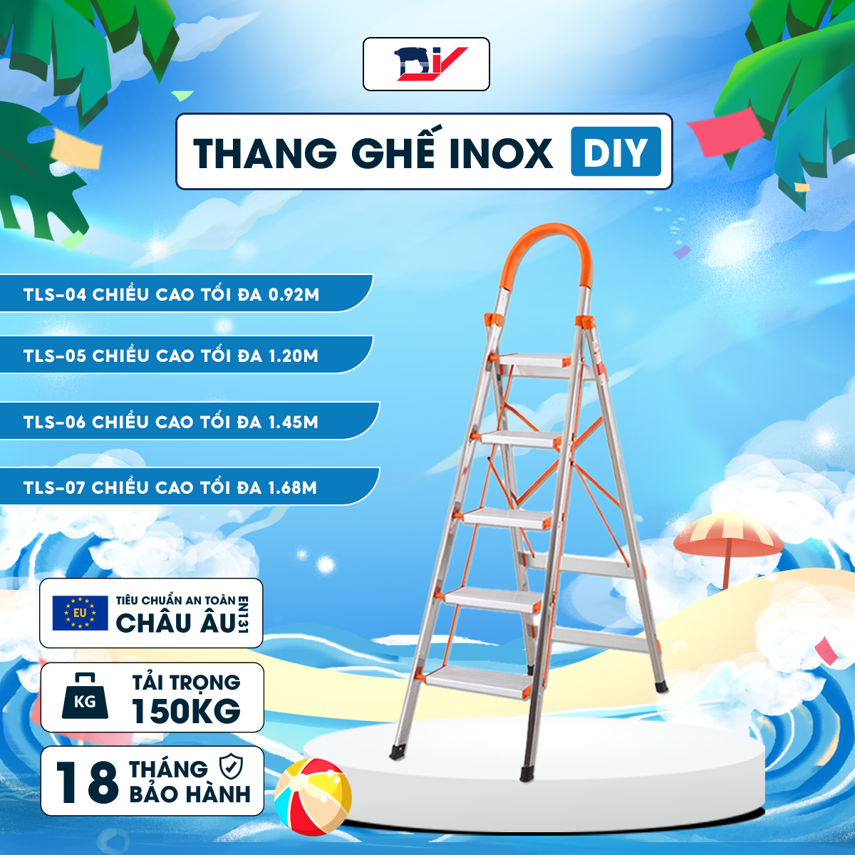Thang ghế inox gia đình diy 4 bậc - 7 bậc cao 92cm - 1.68cm