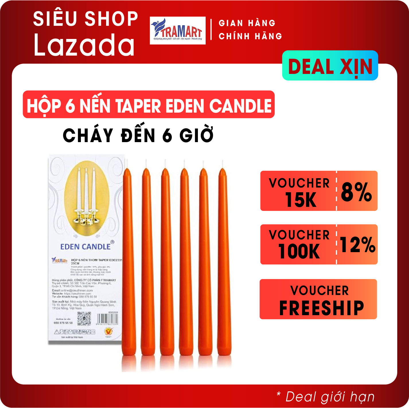 [Hộp 6 nến] Nến thơm taper Eden Candle FTRAMART EDC2331 (Cam bí ngô), cao 25 cm, phù hợp tất cả các chân nến theo tiêu chuẩn nến taper