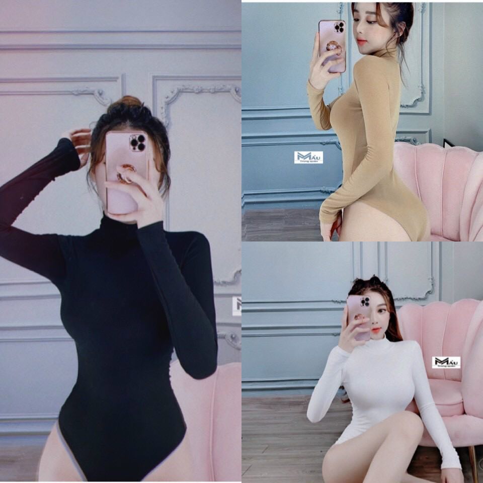 Bodysuit nữ tay dài cổ lọ chất thun lụa mềm mại màu đen trắng nude