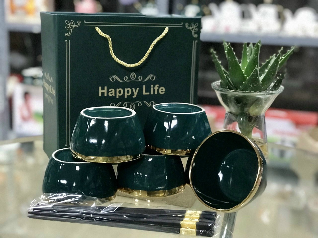 Bộ 6 Bát Sứ Viền Mạ Vàng Cao Cấp HAPPY LIFE Tặng Kèm Đũa
