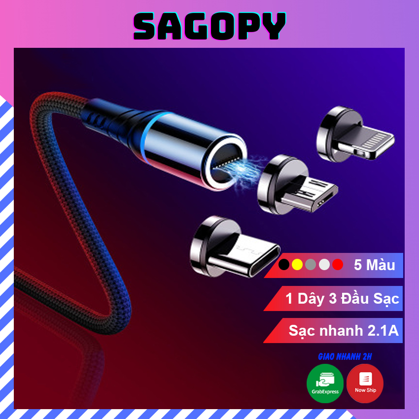 Dây Cáp Sạc Đa Năng Nam Châm siêu nhanh 2.1A gồm 3 đầu từ tính Lightning, Type-C, Micro USB cho Iphone, Samsung, Oppo, Xiaomi, dây sạc cao cấp 3 đầu, cáp sạc 3 trong 1, cáp sạc điện thoại - SAGOPY