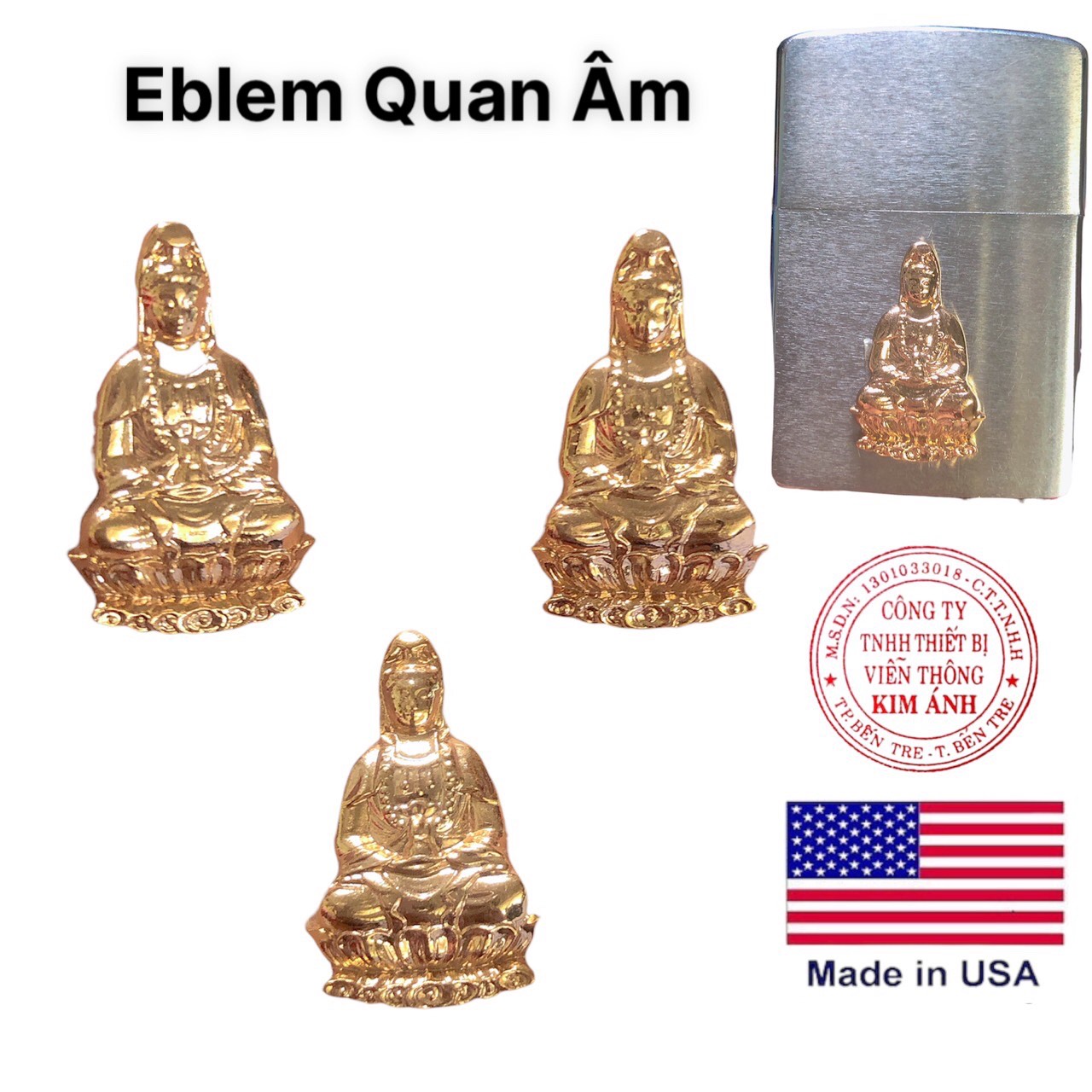 Miếng dán Eblem trang trí Zippo Mỹ chủ đề Quan Âm, chất liệu Đồng thau Solid Brass