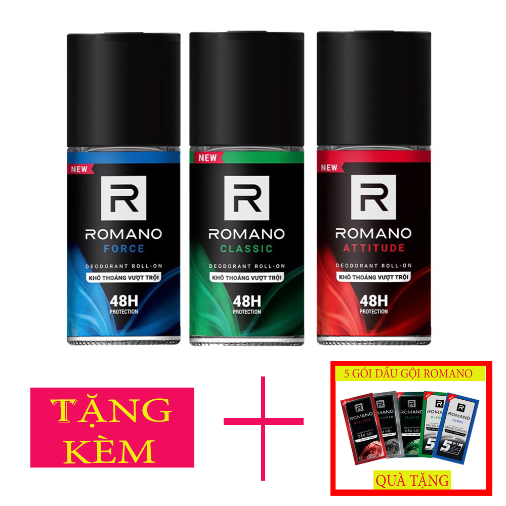 Bộ 3 lăn Khử mùi Romano: Attitude 50ml+Classic 50ml+Froce 50ml+Tặng 5 Gói dầu gội Romano