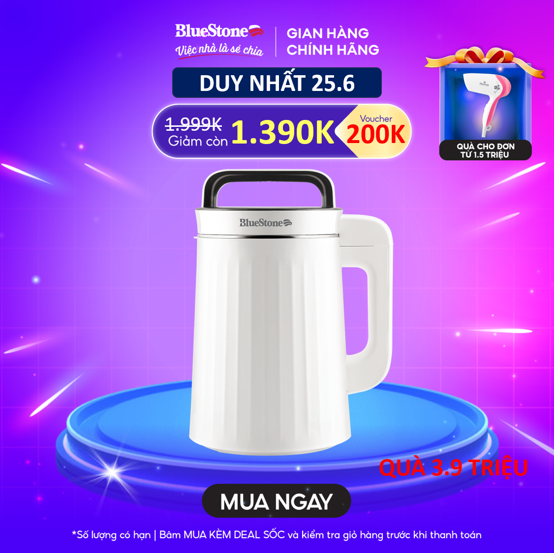 [DUY NHẤT 25-27.5 Voucher giảm 200K] Máy Xay Nấu Và Làm Sữa Hạt Đa Năng Bluestone SMB-7329 - Dung tích 1.3L - Công suất 1000W - Bảo hành 2 năm - Hàng chính hãng