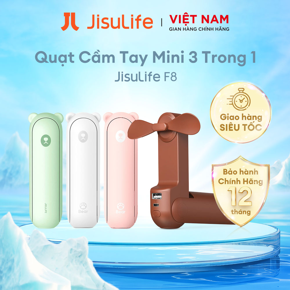 Quạt cầm tay mini 3 trong 1 jisulife f8 2000mah tích hợp sạc dự phòng, đèn pin siêu sáng chính hãng - bảo hành 12 tháng
